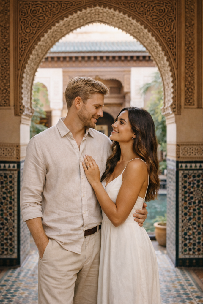 couple qui pose devant une arche marocaine typique à Marrakech
