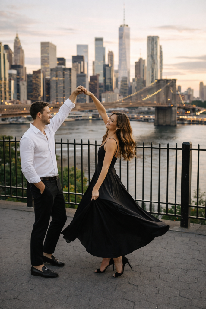 couple qui pose dans les rues de new york avec le pont de brooklyn derrière eux